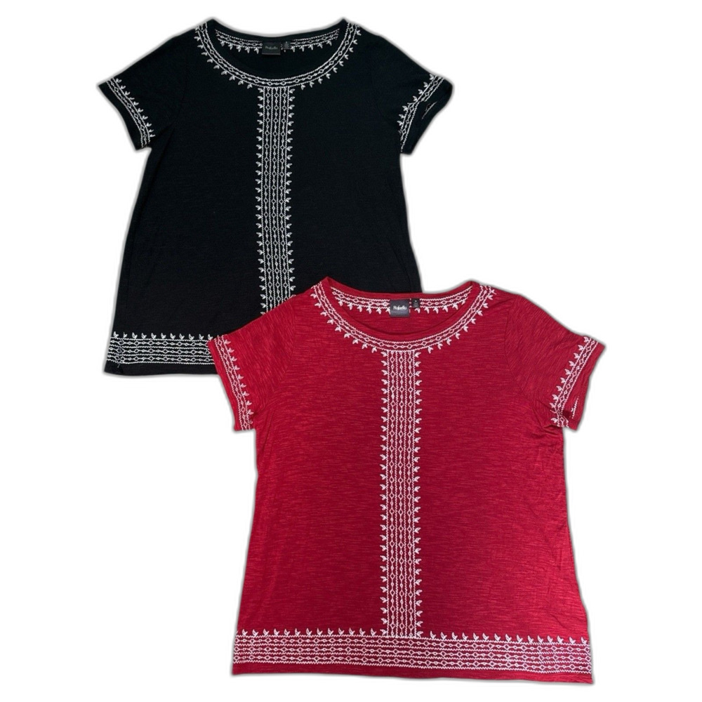 Rafaella Womens Medium Boho Embroidered Tops Lot 2 Red Black Short Sleeve